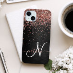 Custom Rose Gold Glitter Black Sparkle Monogram iPhone 15 Mini Case<br><div class="desc">Easily personalise this trendy elegant phone case design featuring pretty rose gold sparkling glitter on a black brushed metallic background.</div>