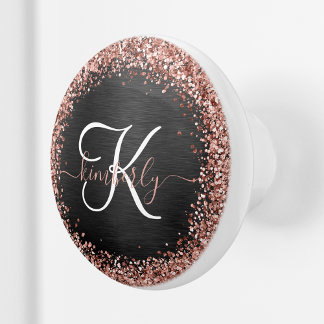 Custom Rose Gold Glitter Black Sparkle Monogram Ceramic Knob