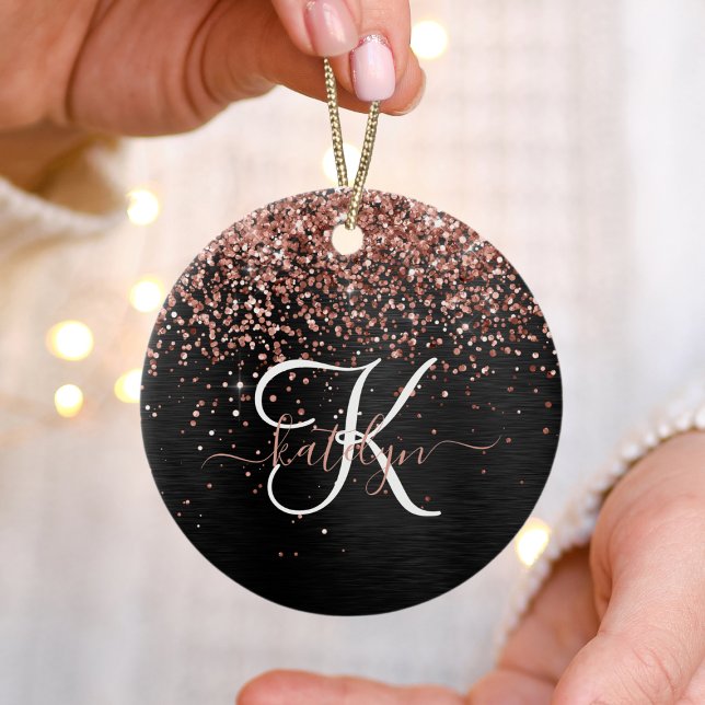 Custom Rose Gold Glitter Black Sparkle Monogram Ceramic Ornament (Creator Uploaded)