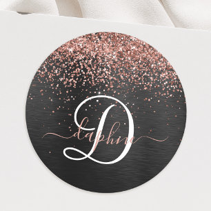 Custom Rose Gold Glitter Black Sparkle Monogram Classic Round Sticker