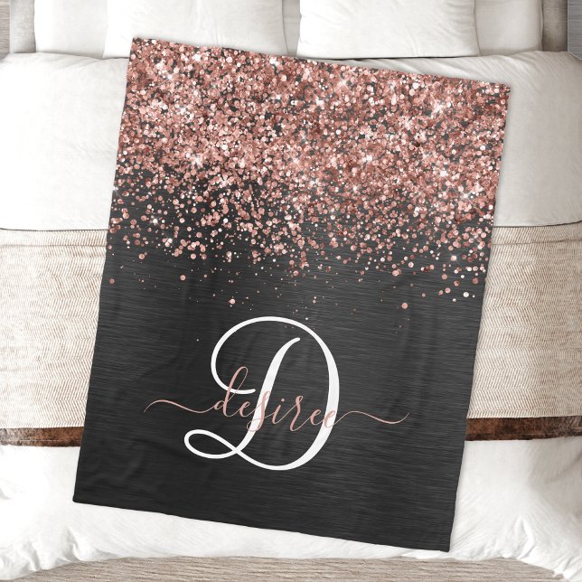 Custom Rose Gold Glitter Black Sparkle Monogram Fleece Blanket (Creator Uploaded)