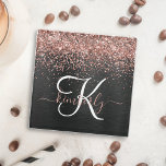 Custom Rose Gold Glitter Black Sparkle Monogram Glass Coaster<br><div class="desc">Easily personalise this trendy elegant glass coaster design featuring pretty rose gold sparkling glitter on a black brushed metallic background.</div>