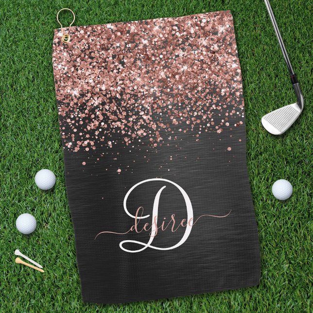 Custom Rose Gold Glitter Black Sparkle Monogram Golf Towel (Creator Uploaded)