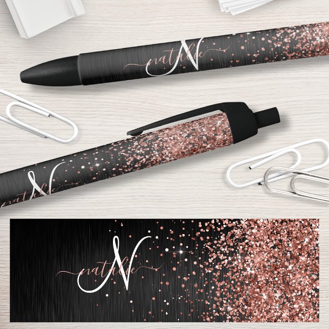 Custom Rose Gold Glitter Black Sparkle Monogram Ink Pen (Creator Uploaded)