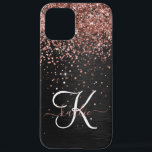 Custom Rose Gold Glitter Black Sparkle Monogram iPhone 12 Pro Max Case<br><div class="desc">Easily personalise this trendy elegant phone case design featuring pretty rose gold sparkling glitter on a black brushed metallic background.</div>