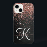Custom Rose Gold Glitter Black Sparkle Monogram iPhone 14 Case<br><div class="desc">Easily personalise this trendy elegant phone case design featuring pretty rose gold sparkling glitter on a black brushed metallic background.</div>
