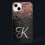 Custom Rose Gold Glitter Black Sparkle Monogram iPhone 14 Plus Case<br><div class="desc">Easily personalise this trendy elegant phone case design featuring pretty rose gold sparkling glitter on a black brushed metallic background.</div>