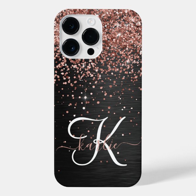 Custom Rose Gold Glitter Black Sparkle Monogram iPhone Case (Back)