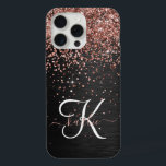 Custom Rose Gold Glitter Black Sparkle Monogram iPhone 15 Pro Max Case<br><div class="desc">Easily personalise this trendy elegant phone case design featuring pretty rose gold sparkling glitter on a black brushed metallic background.</div>