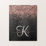 Custom Rose Gold Glitter Black Sparkle Monogram Jigsaw Puzzle<br><div class="desc">Easily personalise this trendy elegant jigsaw puzzle design featuring pretty rose gold sparkling glitter on a black brushed metallic background.</div>