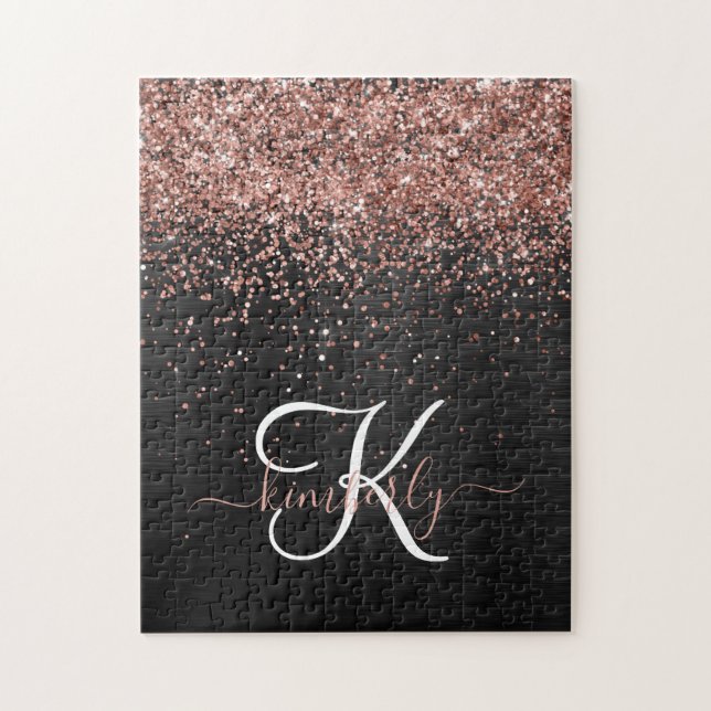 Custom Rose Gold Glitter Black Sparkle Monogram Jigsaw Puzzle (Vertical)