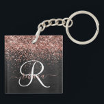 Custom Rose Gold Glitter Black Sparkle Monogram Key Ring<br><div class="desc">Easily personalise this trendy elegant keychain design featuring pretty rose gold sparkling glitter on a black brushed metallic background.</div>