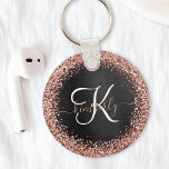 Custom Rose Gold Glitter Black Sparkle Monogram Key Ring<br><div class="desc">Easily personalize this trendy elegant keychain design featuring pretty rose gold sparkling faux glitter on a black brushed metallic background.</div>