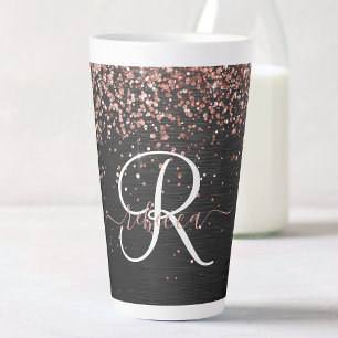Custom Rose Gold Glitter Black Sparkle Monogram Latte Mug