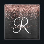 Custom Rose Gold Glitter Black Sparkle Monogram Magnet<br><div class="desc">Easily personalise this trendy elegant magnet design featuring pretty rose gold sparkling glitter on a black brushed metallic background.</div>