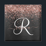 Custom Rose Gold Glitter Black Sparkle Monogram Magnet<br><div class="desc">Easily personalise this trendy elegant magnet design featuring pretty rose gold sparkling glitter on a black brushed metallic background.</div>