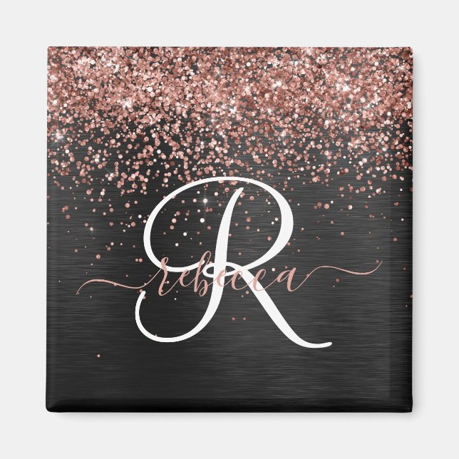 Custom Rose Gold Glitter Black Sparkle Monogram Magnet (Front)