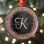Custom Rose Gold Glitter Black Sparkle Monogram Metal Ornament<br><div class="desc">Easily personalise this trendy elegant ornament design featuring pretty rose gold sparkling glitter on a black brushed metallic background.</div>