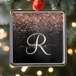 Custom Rose Gold Glitter Black Sparkle Monogram Metal Ornament<br><div class="desc">Easily personalise this trendy elegant ornament design featuring pretty rose gold sparkling glitter on a black brushed metallic background.</div>