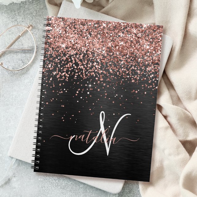 Custom Rose Gold Glitter Black Sparkle Monogram Notebook (Creator Uploaded)