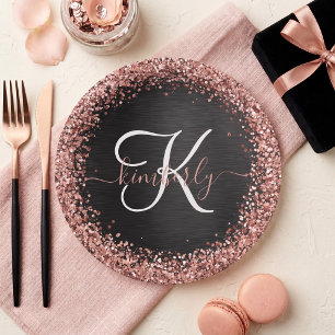 Custom Rose Gold Glitter Black Sparkle Monogram Paper Plate
