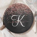 Custom Rose Gold Glitter Black Sparkle Monogram Paper Plate<br><div class="desc">Easily personalise this trendy elegant paper plate design featuring pretty rose gold sparkling glitter on a black brushed metallic background.</div>