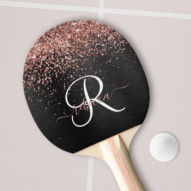Custom Rose Gold Glitter Black Sparkle Monogram Ping Pong Paddle (Creator Uploaded)