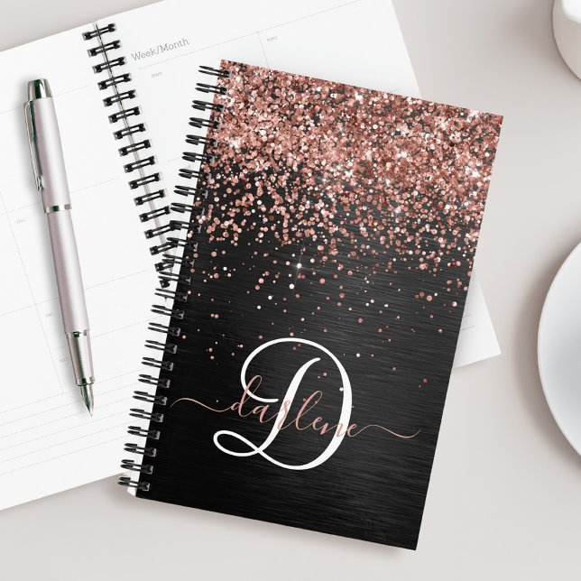 Custom Rose Gold Glitter Black Sparkle Monogram Planner (Creator Uploaded)