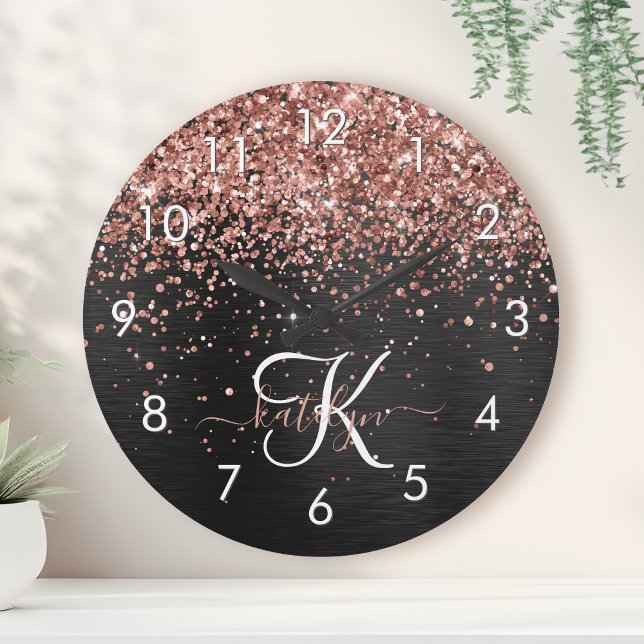 Custom Rose Gold Glitter Black Sparkle Monogram Round Clock (Creator Uploaded)