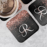 Custom Rose Gold Glitter Black Sparkle Monogram Square Paper Coaster<br><div class="desc">Easily personalise this trendy elegant square paper coaster design featuring pretty rose gold sparkling glitter on a black brushed metallic background.</div>