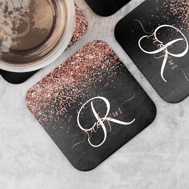 Custom Rose Gold Glitter Black Sparkle Monogram Square Paper Coaster (Creator Uploaded)