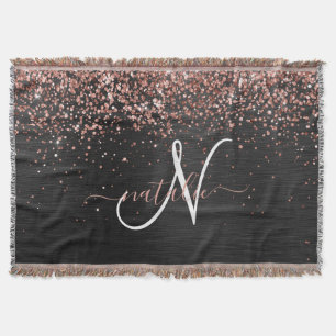 Custom Rose Gold Glitter Black Sparkle Monogram Throw Blanket