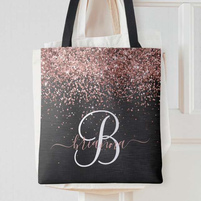 Custom Rose Gold Glitter Black Sparkle Monogram Tote Bag (Creator Uploaded)