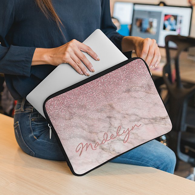 Custom Rose Gold Glitter Blush Pink Marble Pattern Laptop Sleeve (Creator Uploaded)