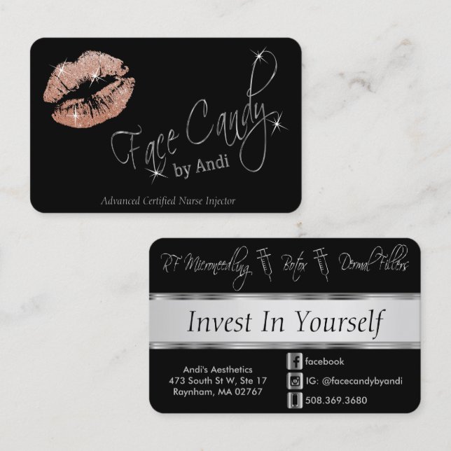 Custom - Rose Gold Glitter Lips & Silver, Black  B Business Card (Front/Back)