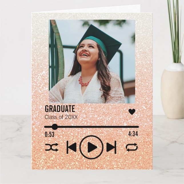 Custom Rose Gold Graduation Photo Song Playlist Card (Front)
