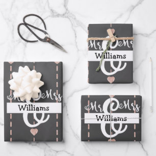 Custom Rose Gold Heart Pattern Mr & Mrs Wedding Wrapping Paper Sheet