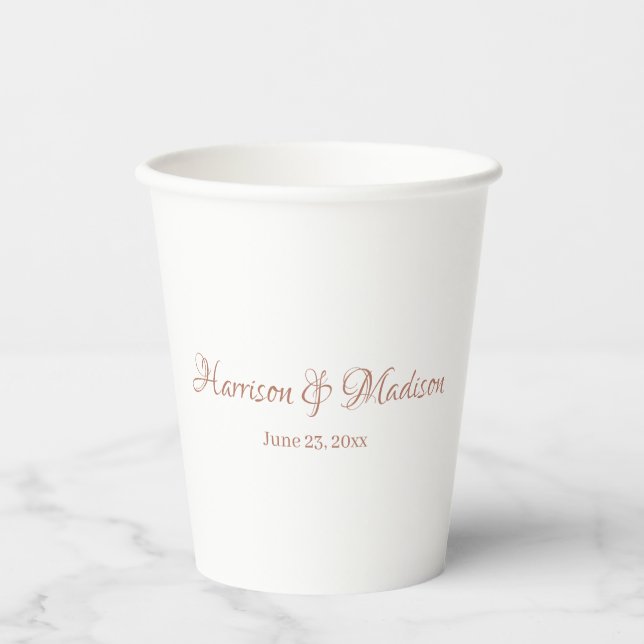 Custom rose gold script Couple Name Date Wedding Paper Cups (Front)