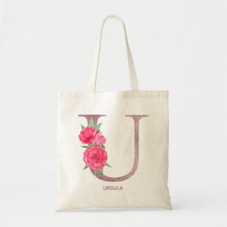 Custom Rose Monogram Tote Bag letter U