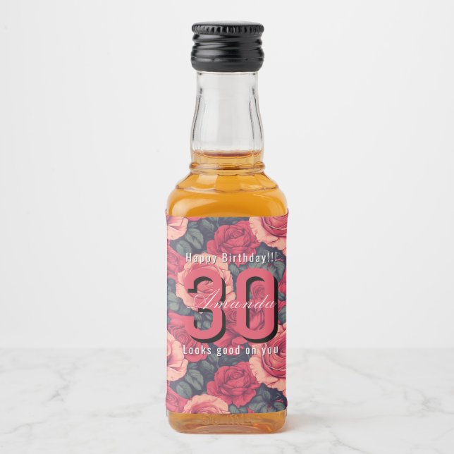 Custom Rose Themed 30Th Birthday Liquor Bottle Label (Front)