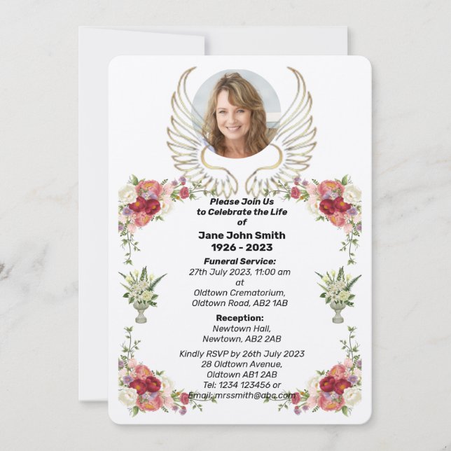 Custom Rose Wings Photo Funeral Invitation (Front)
