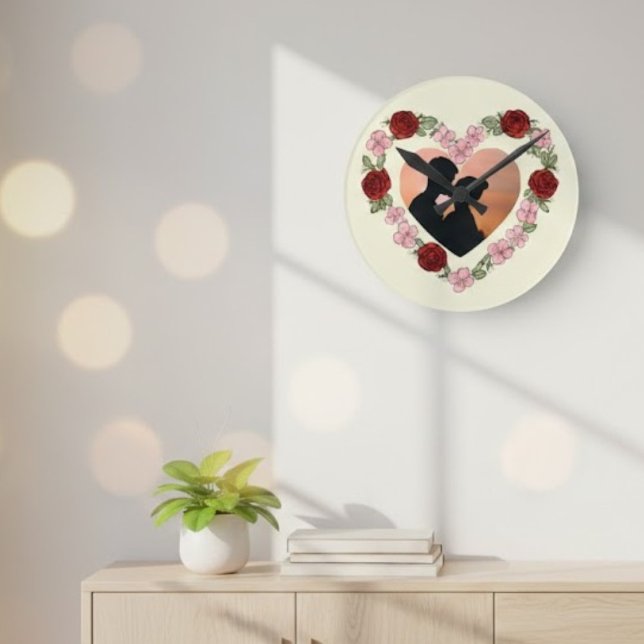 Custom Round Clock with Floral Heart Photo (Creator Uploaded)