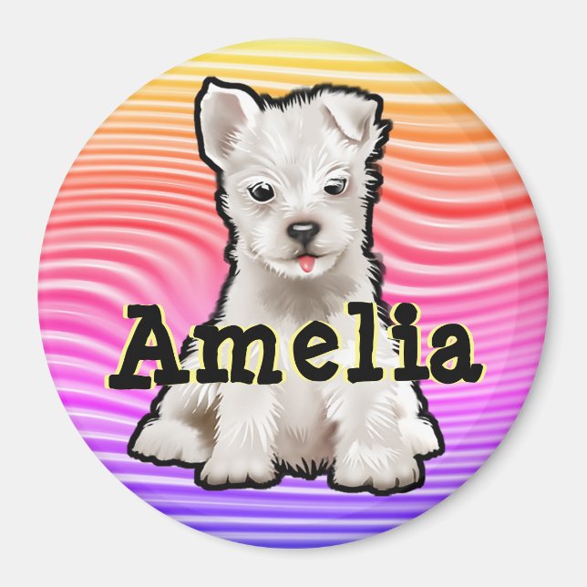 Custom round Magnet Rainbow puppies. (Front)