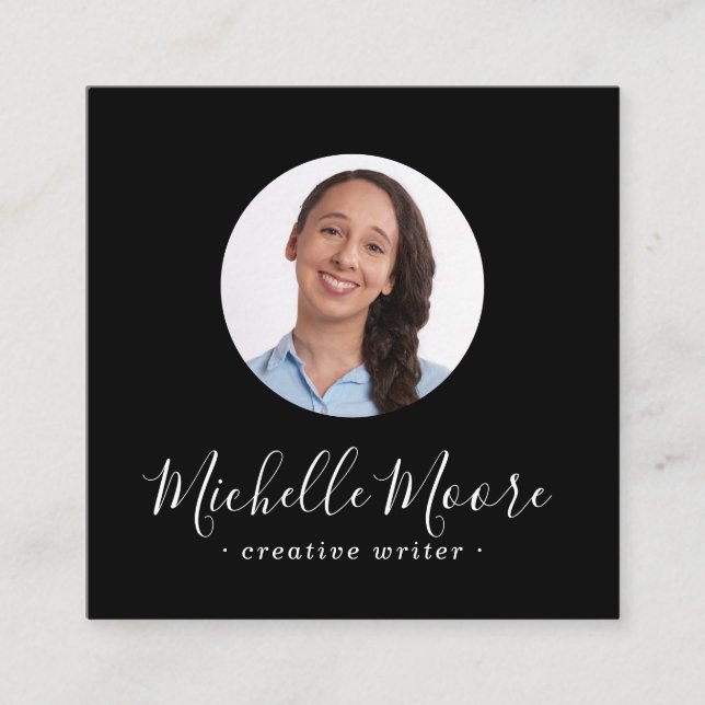 Custom round photo modern feminine black square business card (Front)
