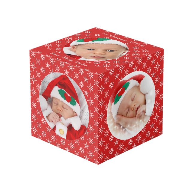 Custom Round Photos Santa Baby Red With Snowflakes Cube (Front Angled)