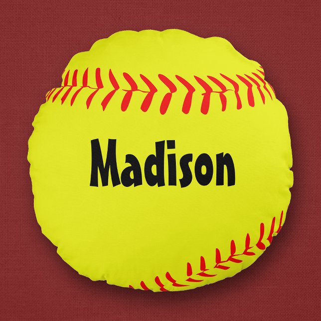 Custom Round Softball Pillow (Personalized round softball pillow with custom player name or text.)