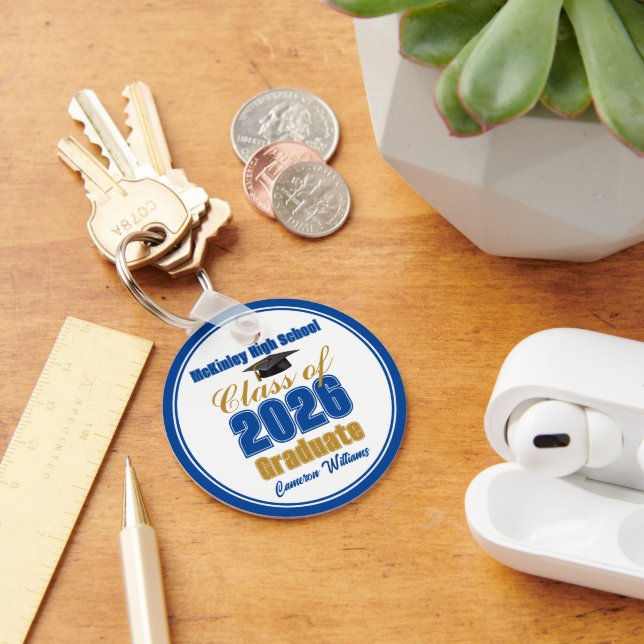 Custom Royal Blue Gold Class of 2026 Graduation Key Ring (Desk)