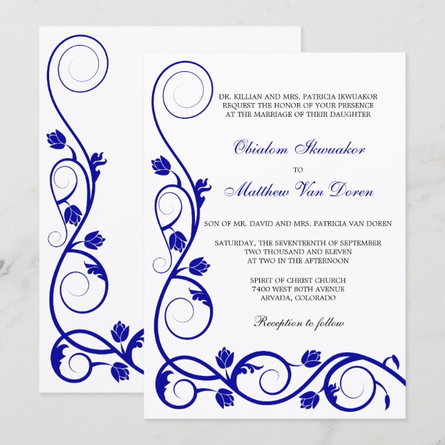 Custom Royal Blue Swirls Wedding Invitation (Front/Back)