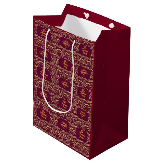 Custom Royal Burgundy & Gold Ornate Luxury  Medium Gift Bag (Front Angled)