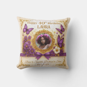 Custom Royal Gold Purple Butterfly Birthday Gift Cushion